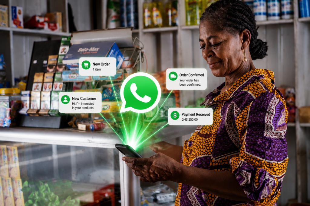 Ghanaian shop owner using WhatsApp Business on a smartphone to manage customer orders and sales.